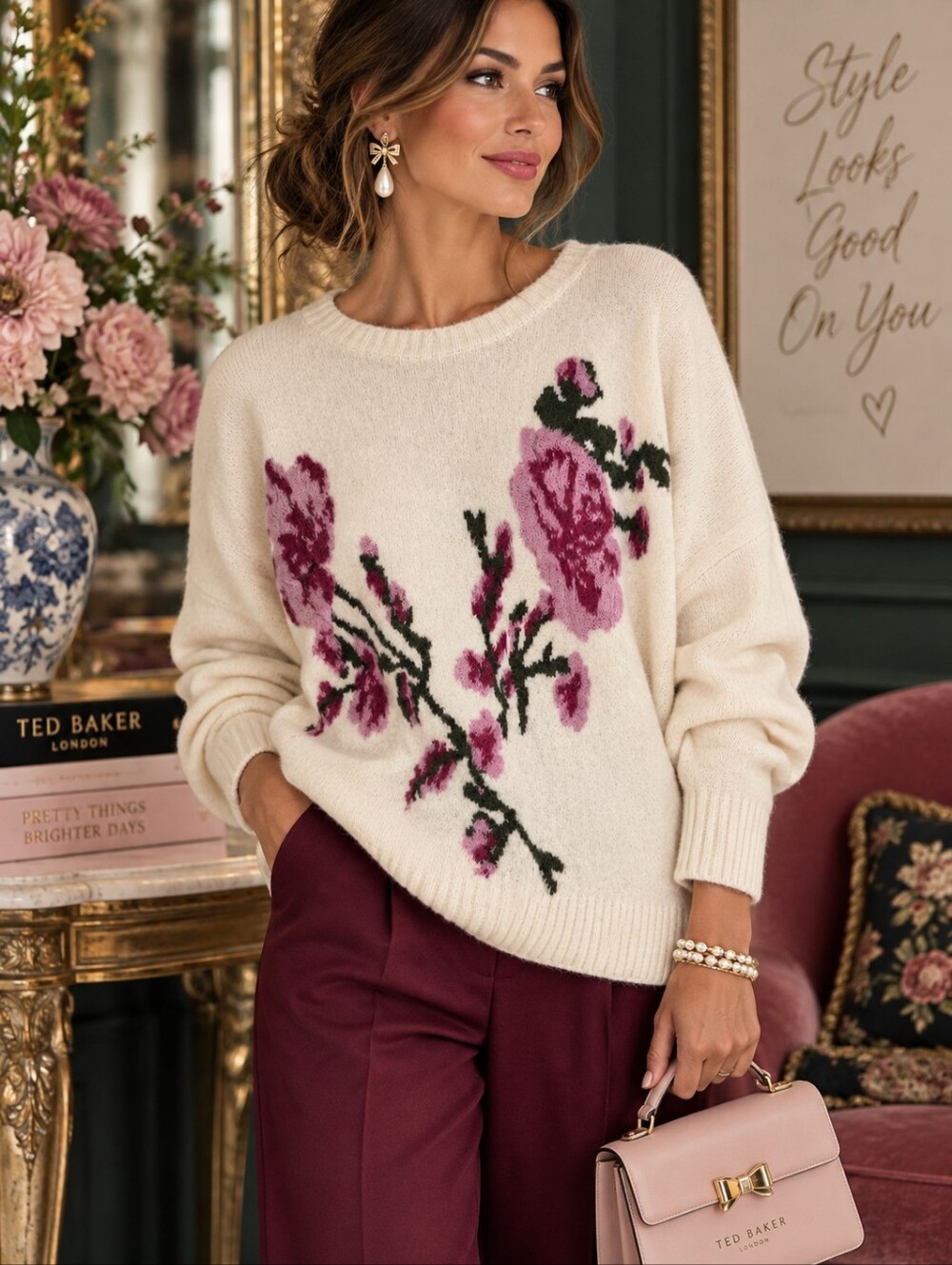 Ted Baker London Floral Fuzzy Knit Sweater XL Cream Pink NWT $175 MSRP